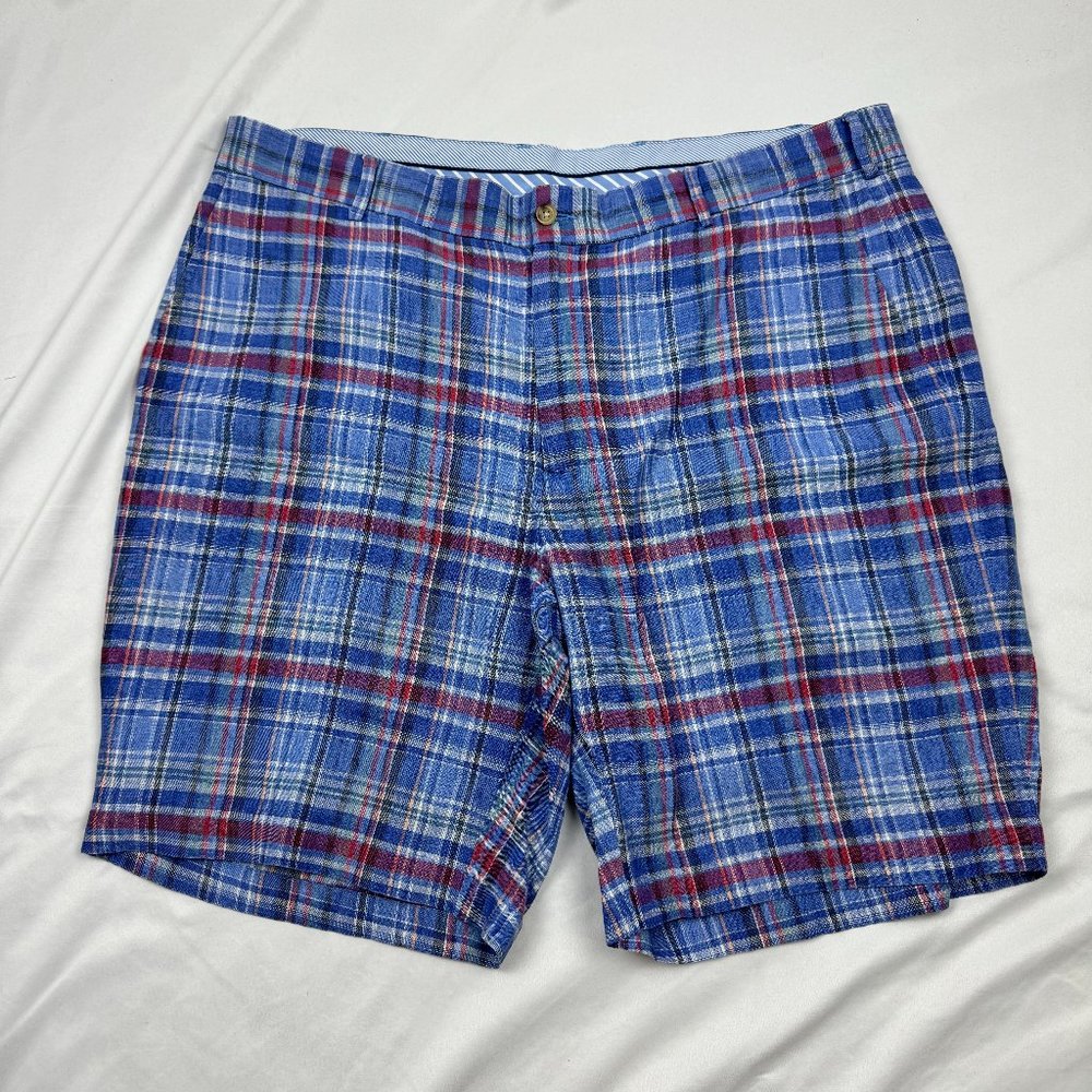 Peter Millar Shorts Mens 38 Blue Plaid Linen Chino Casual Flat Front Outdoor